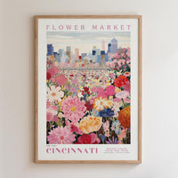 The image is a framed poster depicting a vibrant and colorful flower market in Cincinnati, Ohio.