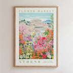 The image is a framed poster depicting a vibrant and colorful flower market in Athens, Greece.