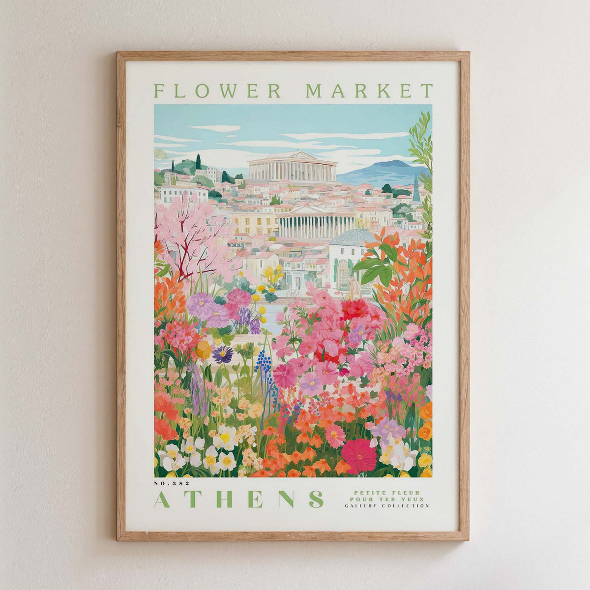The image is a framed poster depicting a vibrant and colorful flower market in Athens, Greece.