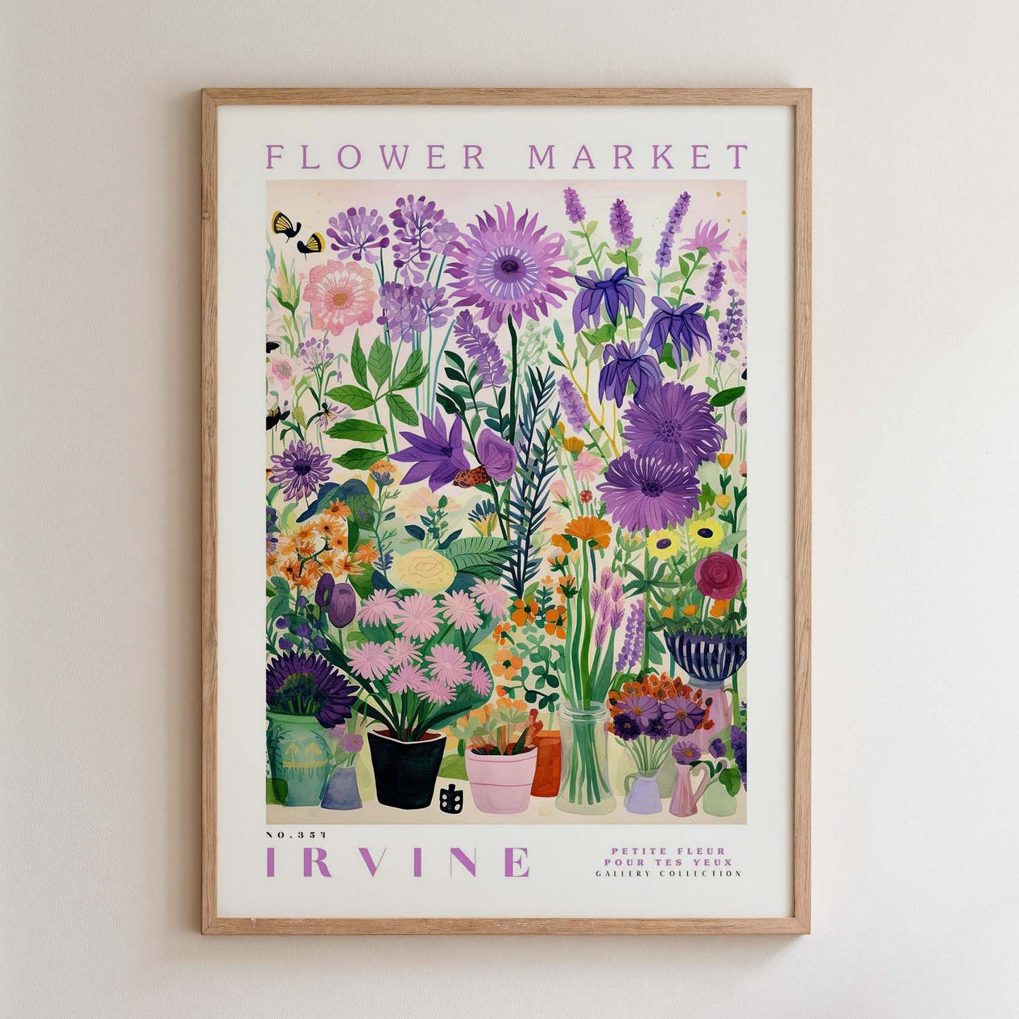 The image is a framed poster depicting a vibrant and colorful flower market.