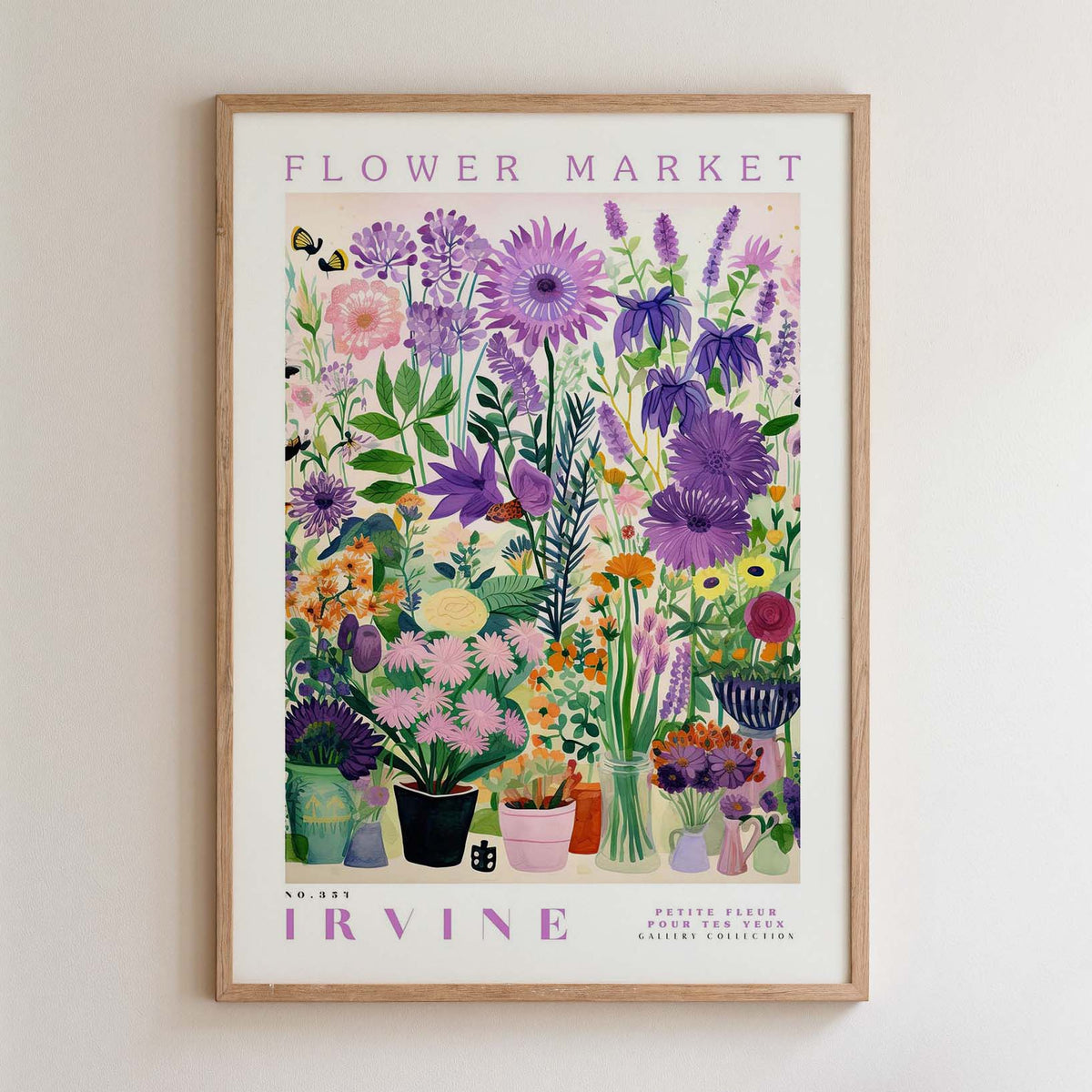 The image is a framed poster depicting a vibrant and colorful flower market.