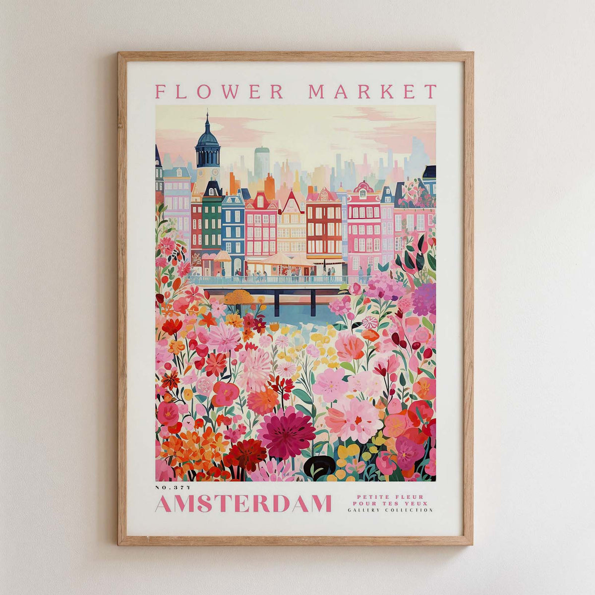The image is a framed poster depicting a vibrant and colorful scene of a flower market in Amsterdam, with a variety of flowers and buildings in the background.