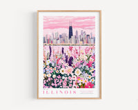 A framed poster depicting a city skyline with a field of colorful flowers in the foreground.