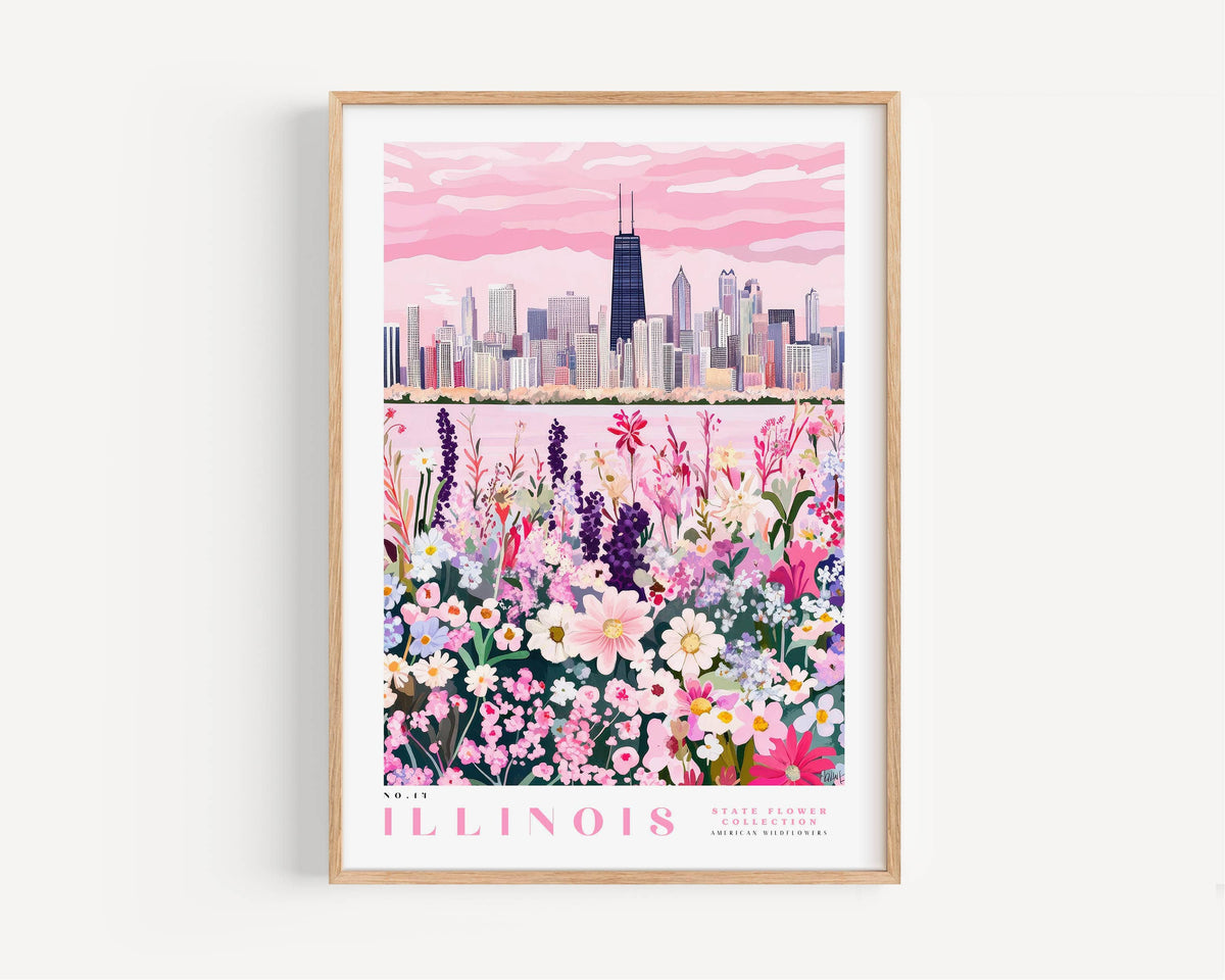 A framed poster depicting a city skyline with a field of colorful flowers in the foreground.