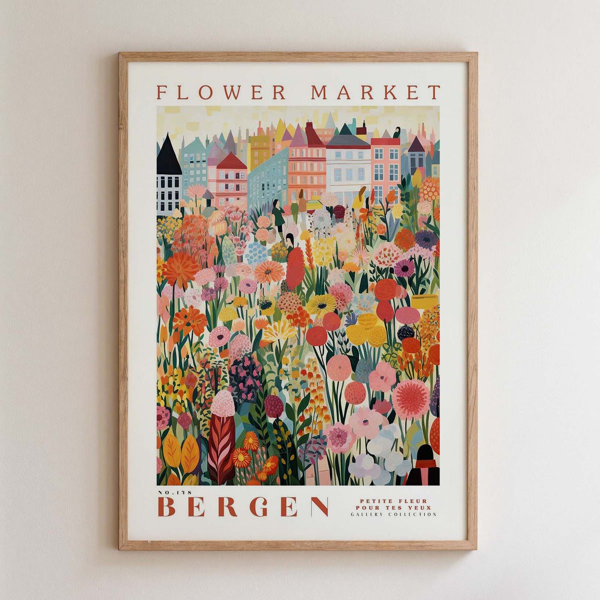 The image is a framed poster depicting a vibrant and colorful flower market in Bergen, Norway.