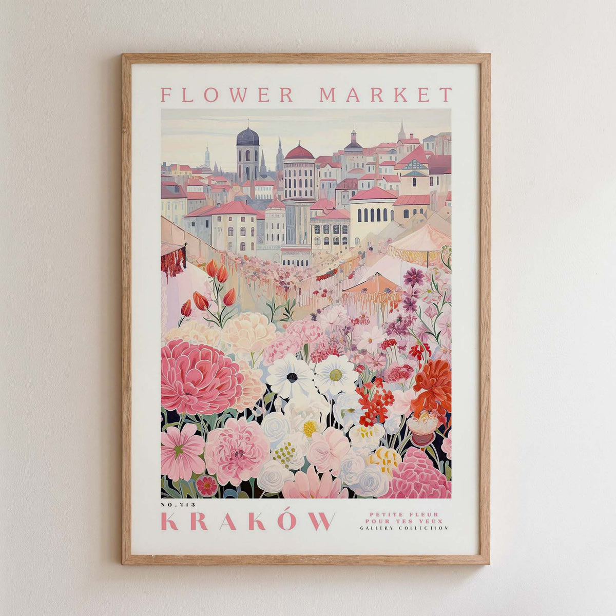 The image is a framed poster depicting a cityscape with a variety of colorful flowers in the foreground.