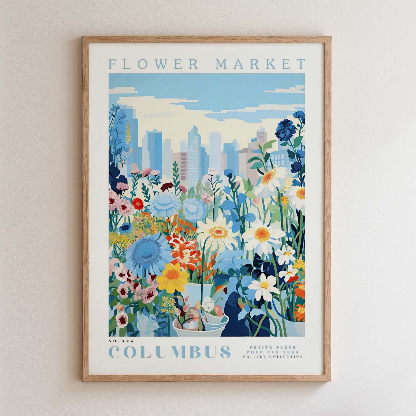 The image is a framed poster depicting a vibrant and colorful flower market in New York City, with a cityscape in the background.