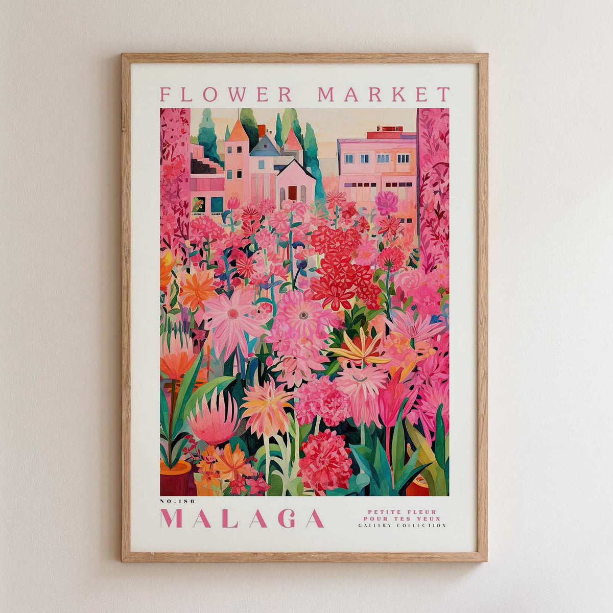 The image is a framed poster depicting a vibrant and colorful flower market in Malaga, Spain.