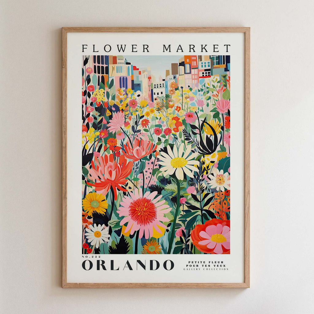 The image is a framed poster depicting a vibrant and colorful flower market in Orlando, Florida.