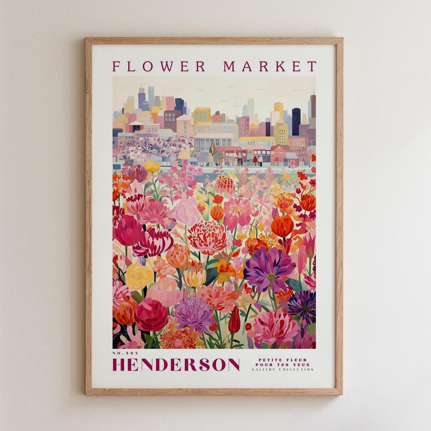 The image is a framed poster depicting a vibrant and colorful flower market scene with a cityscape in the background.