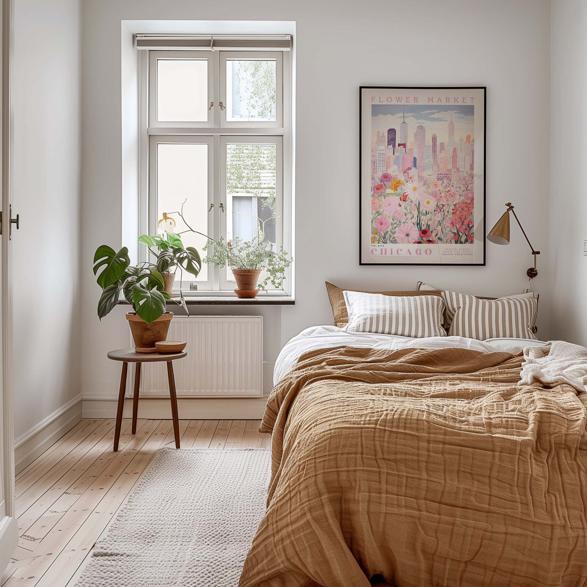 a cozy bedroom with a large bed, a nightstand with a plant, and a framed poster of a city skyline. The room has a warm, inviting atmosphere with a wooden floor and a rug.