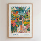 The image is a framed poster depicting a woman walking through a colorful flower market in Hawaii.