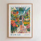 The image is a framed poster depicting a woman walking through a colorful flower market in Hawaii.