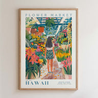 The image is a framed poster depicting a woman walking through a colorful flower market in Hawaii.