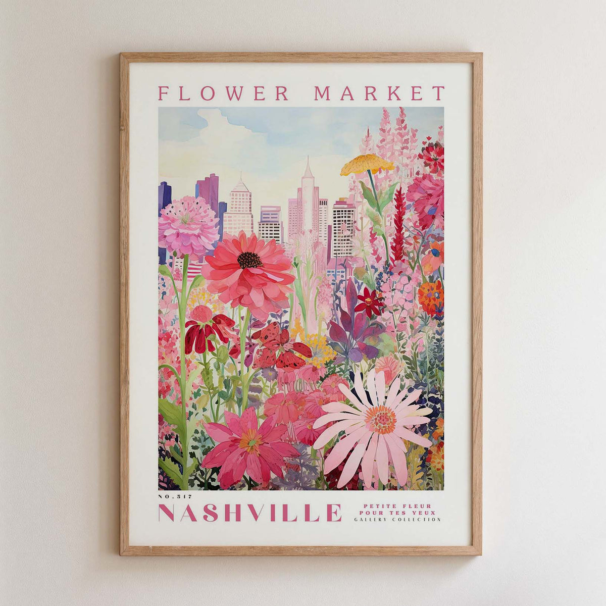 The image is a framed poster depicting a vibrant and colorful flower market in Nashville, Tennessee.