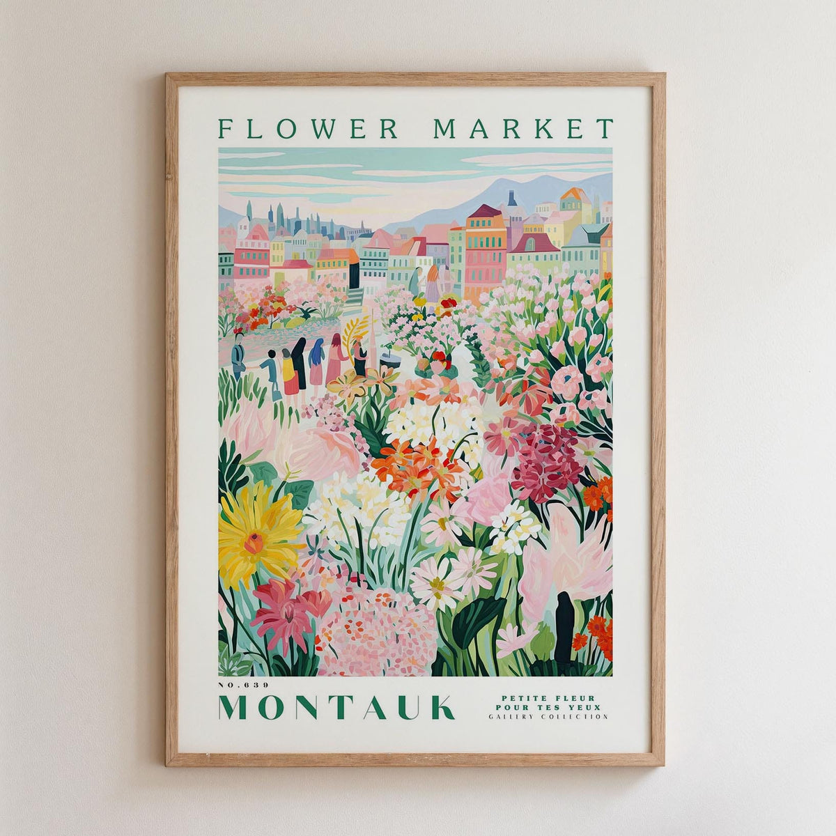 The image is a framed poster depicting a vibrant and colorful flower market in Montauk, New York.