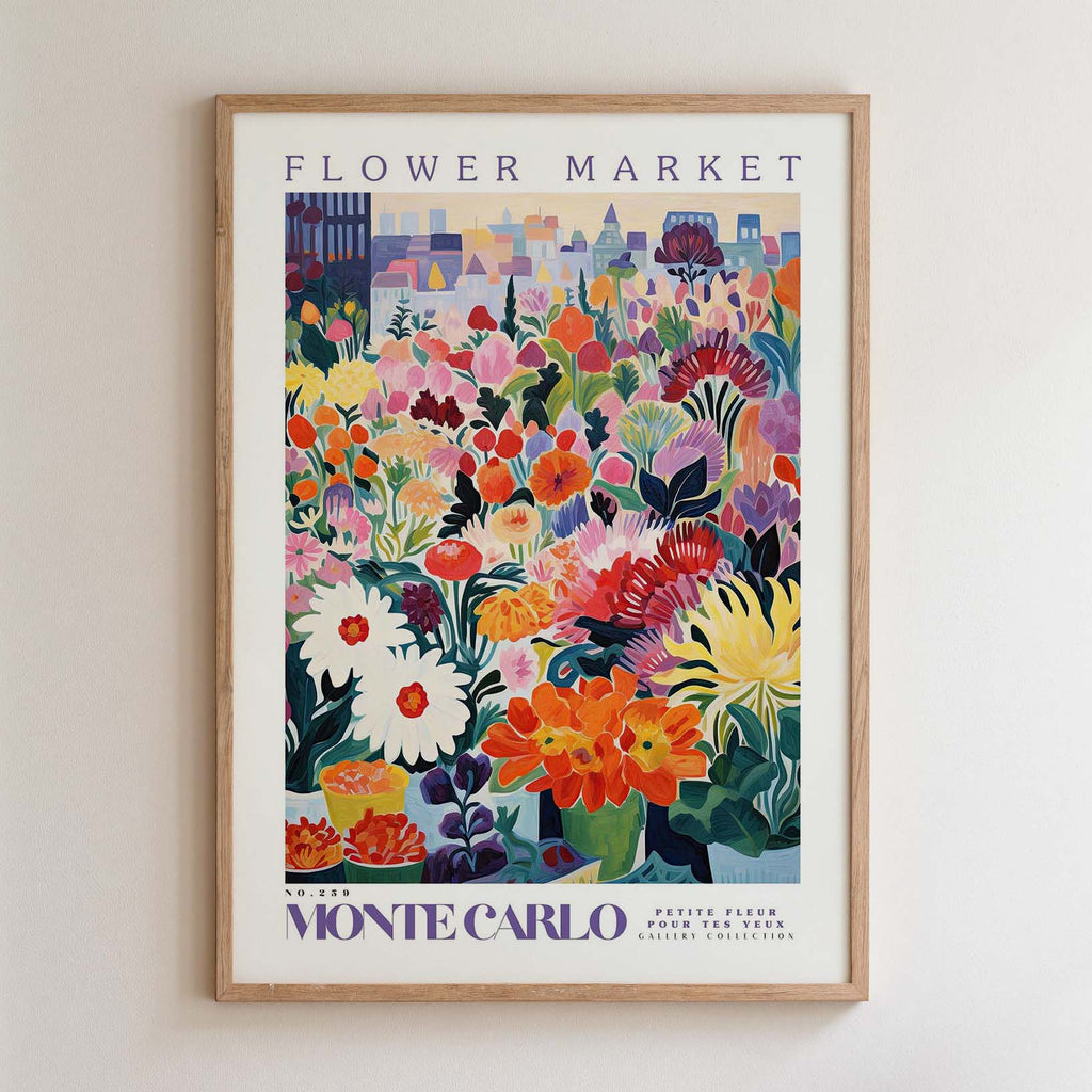 The image is a framed poster depicting a vibrant and colorful flower market in the city of Monte Carlo, France.