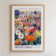 The image is a framed poster depicting a vibrant and colorful flower market in the city of Monte Carlo, France.