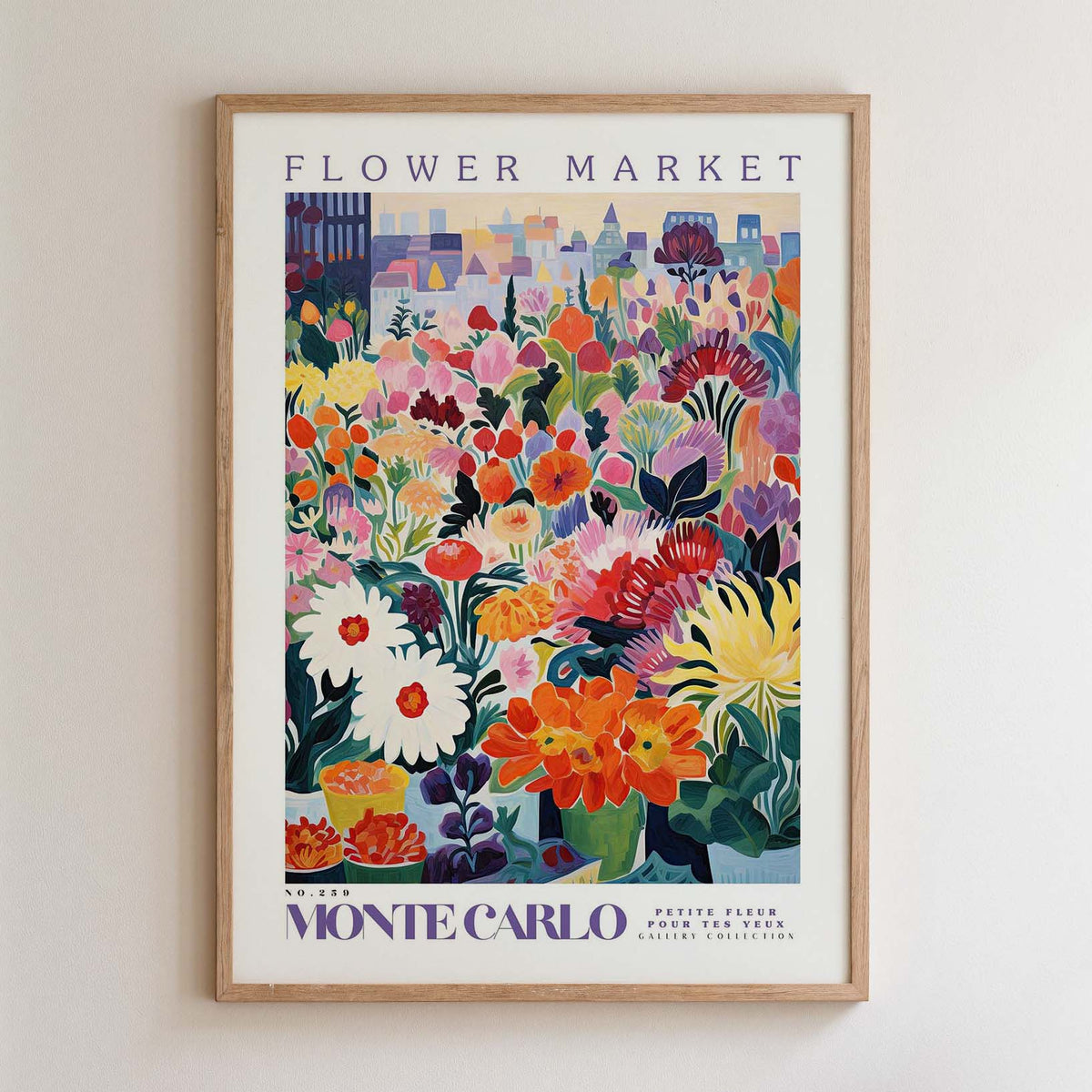 The image is a framed poster depicting a vibrant and colorful flower market in the city of Monte Carlo, France.