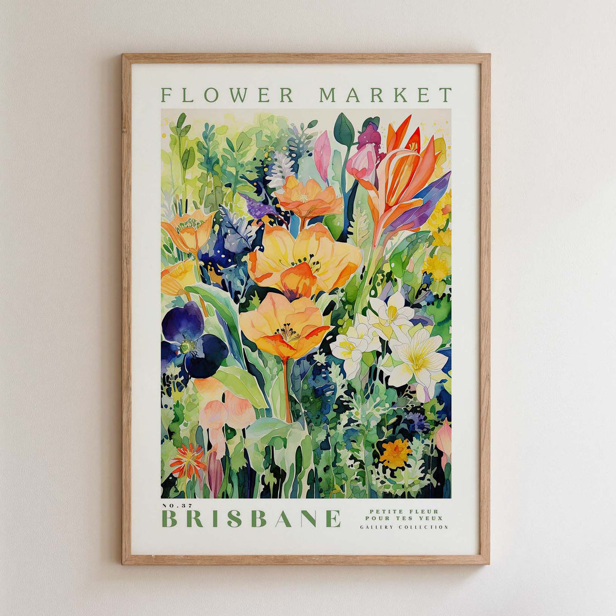 The image is a framed poster of a vibrant and colorful floral arrangement, depicting various flowers and plants in a lush, natural setting.