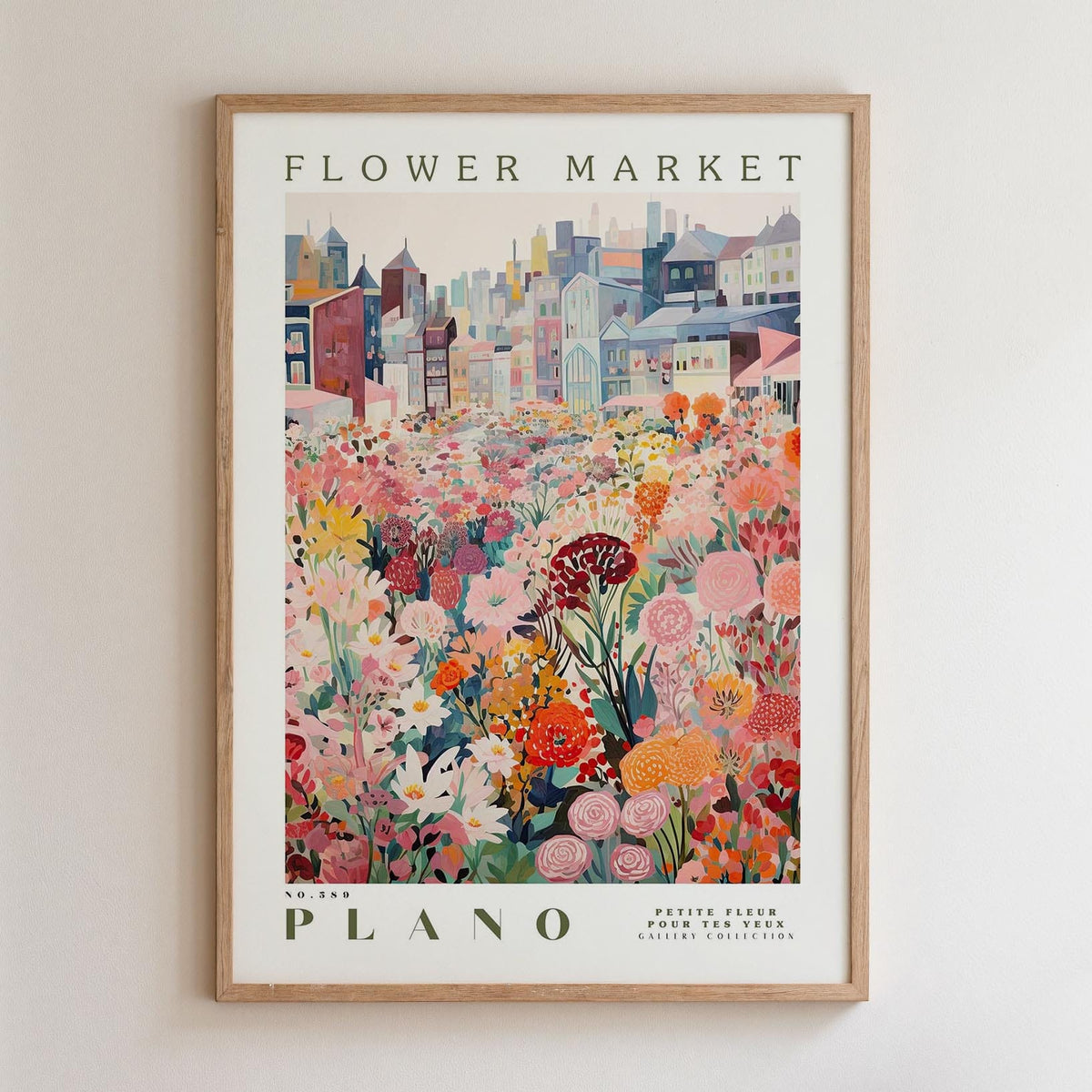 A framed poster depicting a vibrant and colorful flower market in Paris, with a variety of flowers and plants in the foreground and a cityscape in the background.