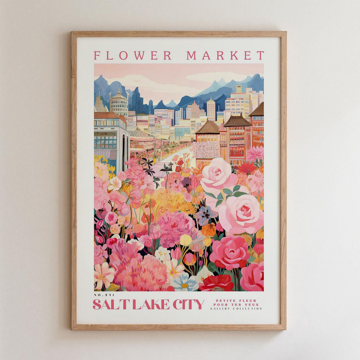 A framed poster depicting a vibrant and colorful flower market in Salt Lake City, with buildings, flowers, and a scenic mountain backdrop.