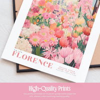 The image is a vibrant and colorful print of a garden filled with various flowers, including pink, orange, and white blooms. The print is displayed on a white background, and the text below the image indicates that it is a high-quality print made on museum-grade matte paper, which is known for its rich, vibrant colors and long-lasting quality.