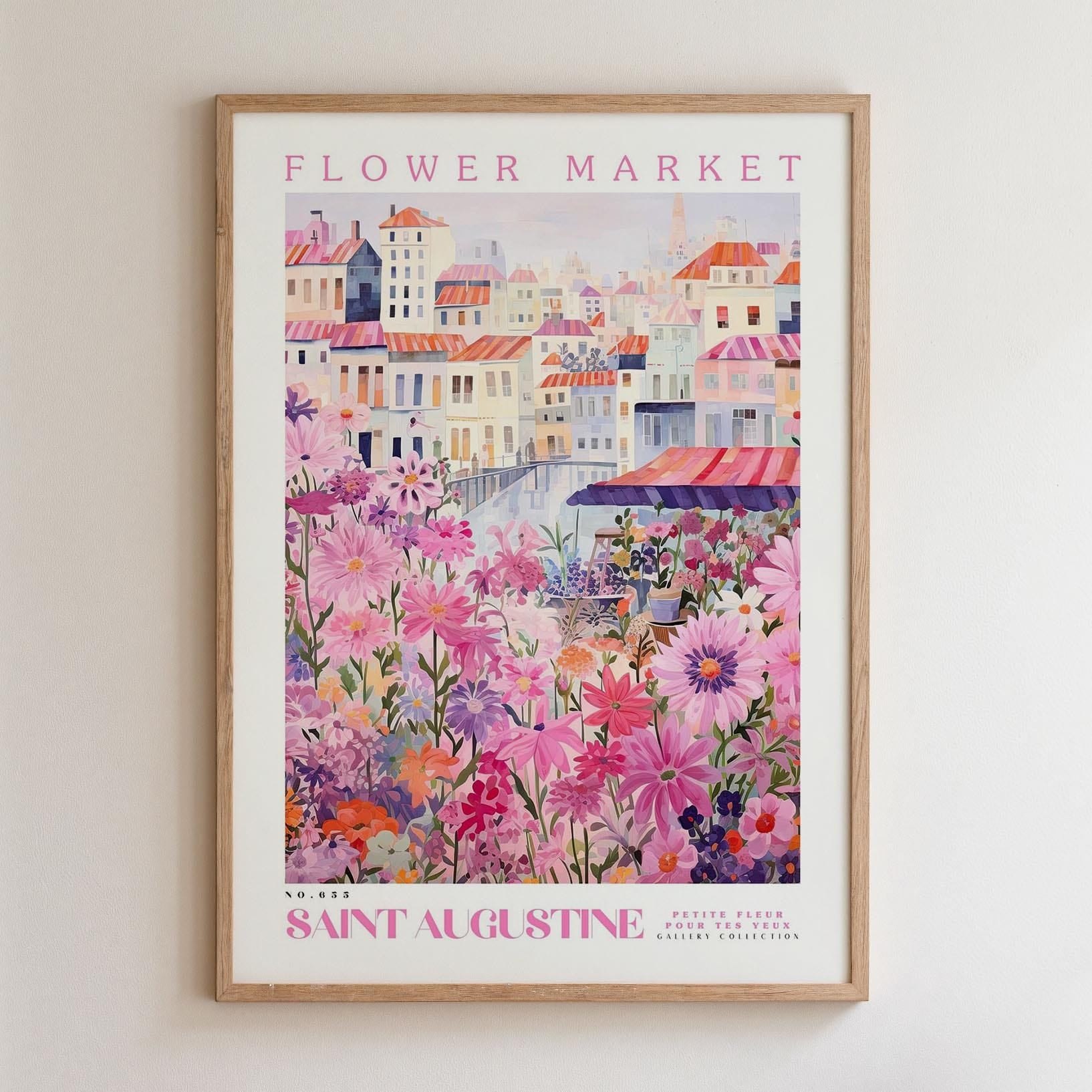 The image is a framed poster depicting a colorful and vibrant flower market in Saint Augustine, Florida.