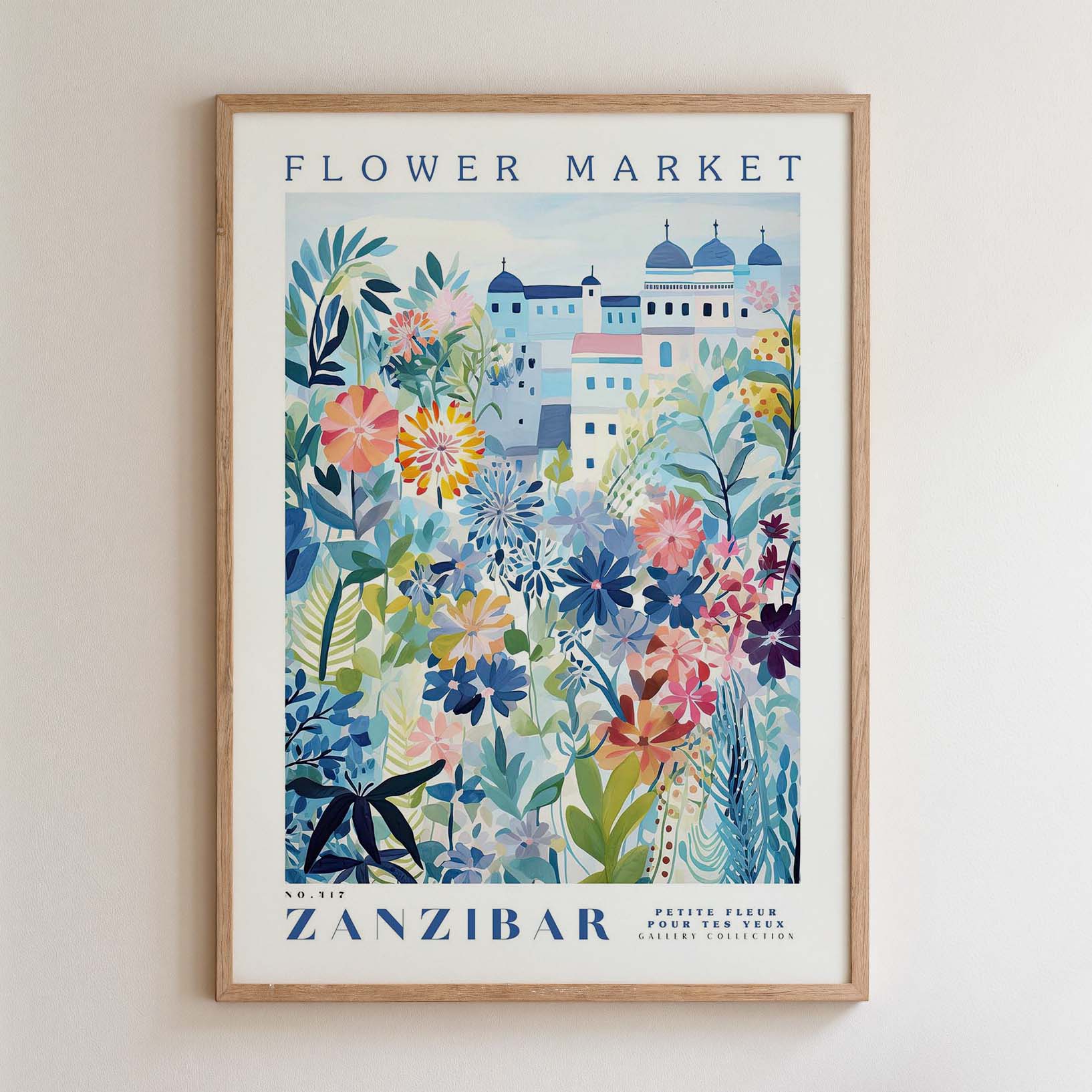 The image is a framed poster depicting a colorful and vibrant flower market in Zanzibar, featuring a variety of flowers and plants.