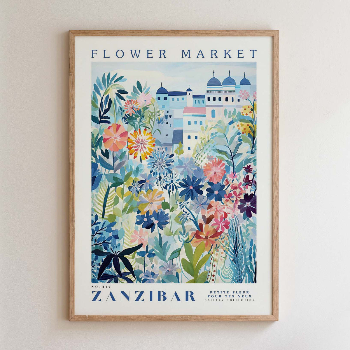 The image is a framed poster depicting a colorful and vibrant flower market in Zanzibar, featuring a variety of flowers and plants.