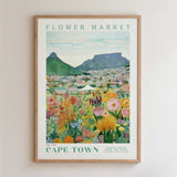 The image is a framed poster depicting a vibrant flower market in Cape Town, South Africa.