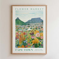 The image is a framed poster depicting a vibrant flower market in Cape Town, South Africa.