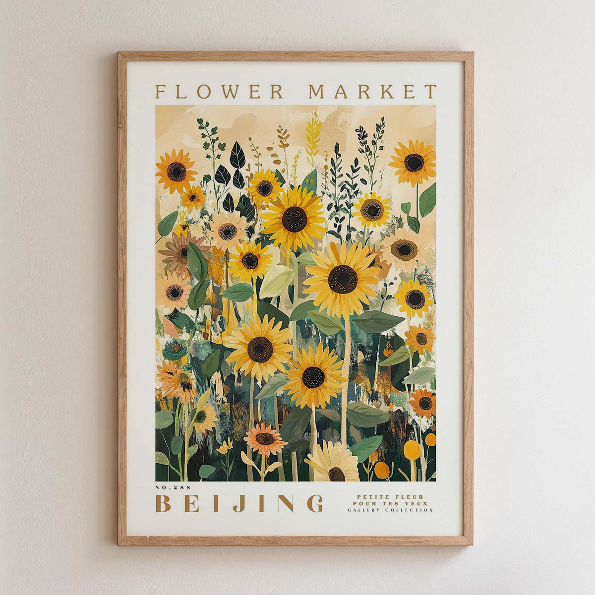 The image is a framed poster depicting a vibrant field of sunflowers in the center, with the text "FLOWER MARKET" and "BEIJING" prominently displayed.