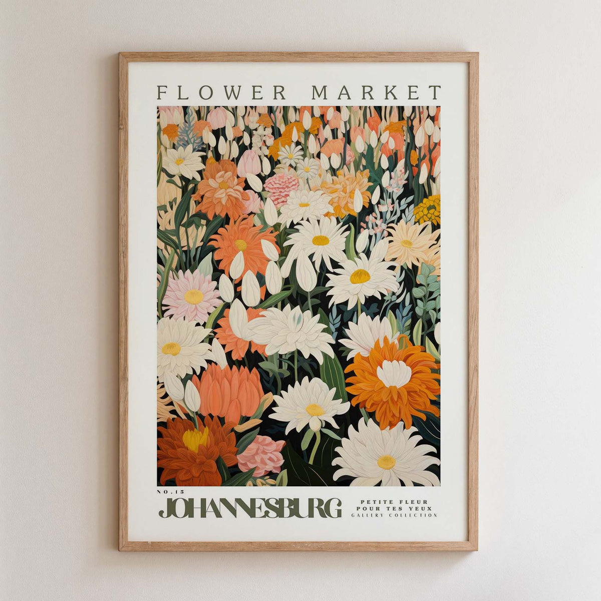 The image is a framed poster of a flower market, featuring a variety of colorful flowers and plants.