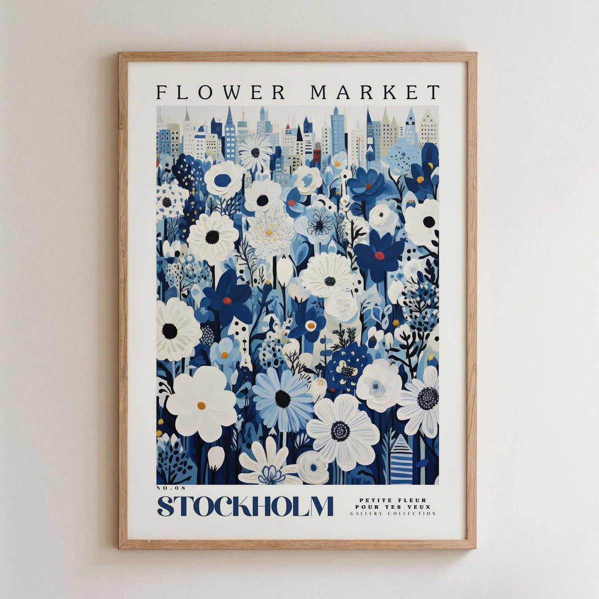 The image is a framed poster depicting a cityscape with a large field of flowers in the foreground.