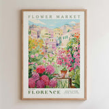 The image is a framed poster depicting a vibrant and colorful flower market in Florence, Italy.