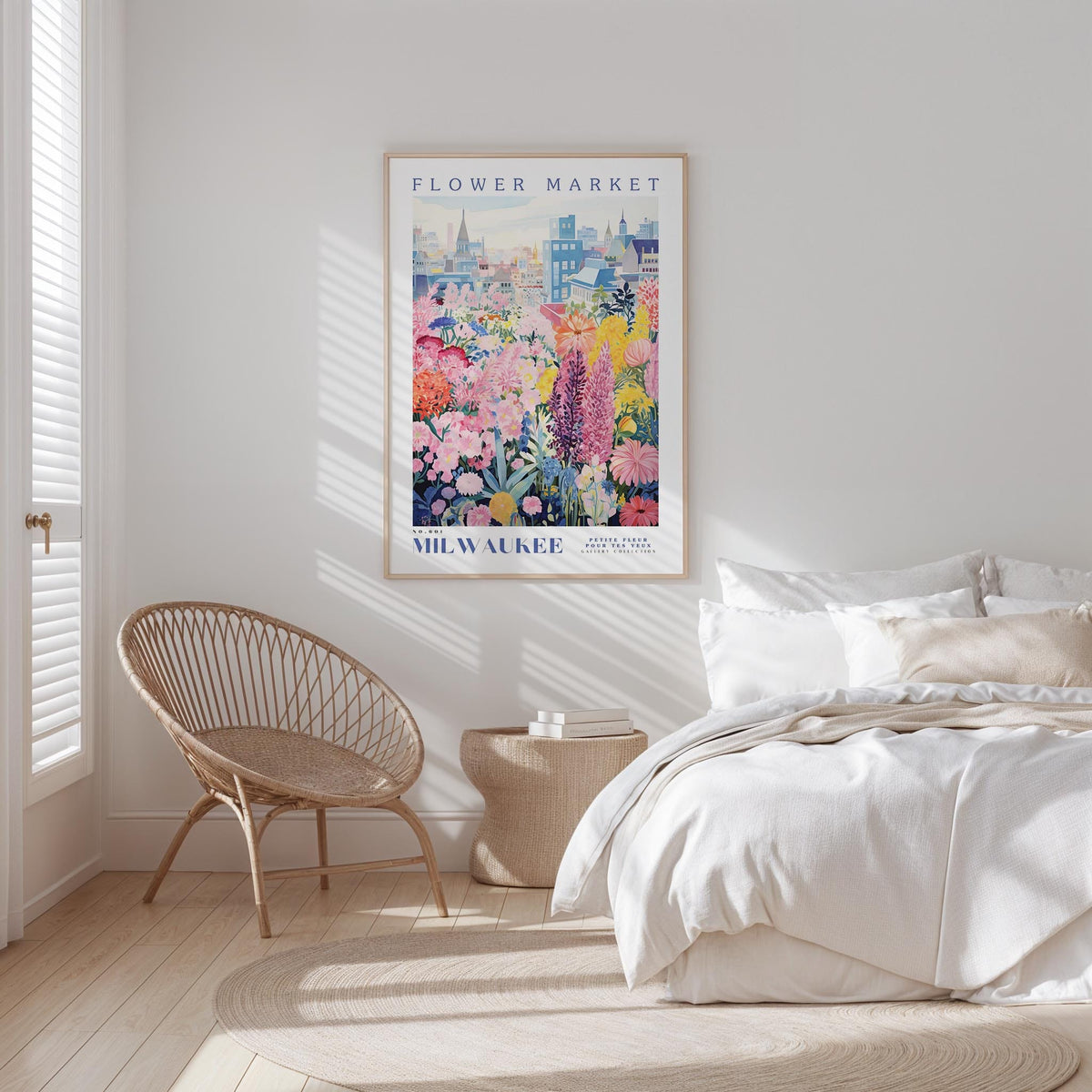 a bedroom with a large poster of a colorful floral scene hanging on the wall above a bed with white bedding.