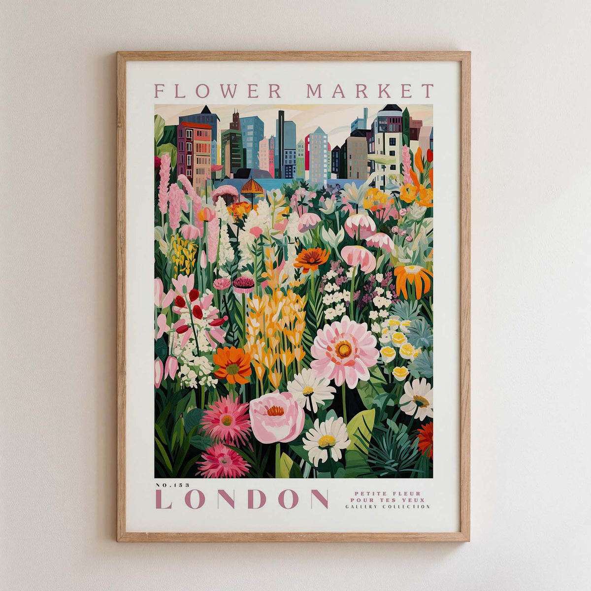 The image is a framed poster depicting a vibrant and colorful flower market in London.