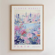 The image is a framed poster depicting a cityscape with a flower market in the foreground.