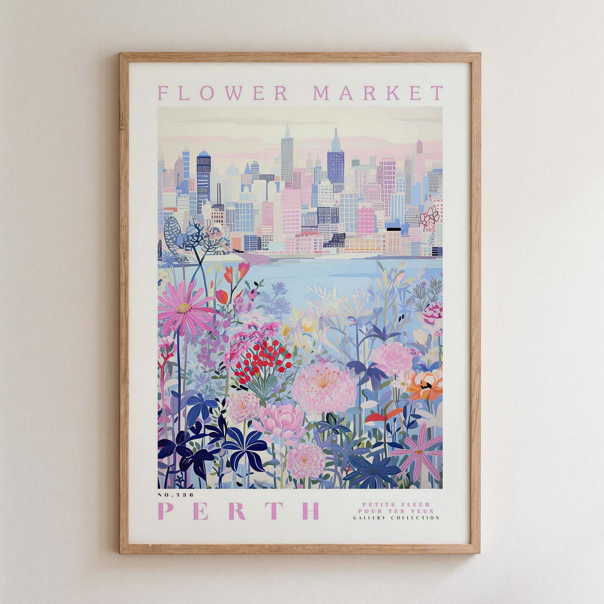 The image is a framed poster depicting a cityscape with a flower market in the foreground.