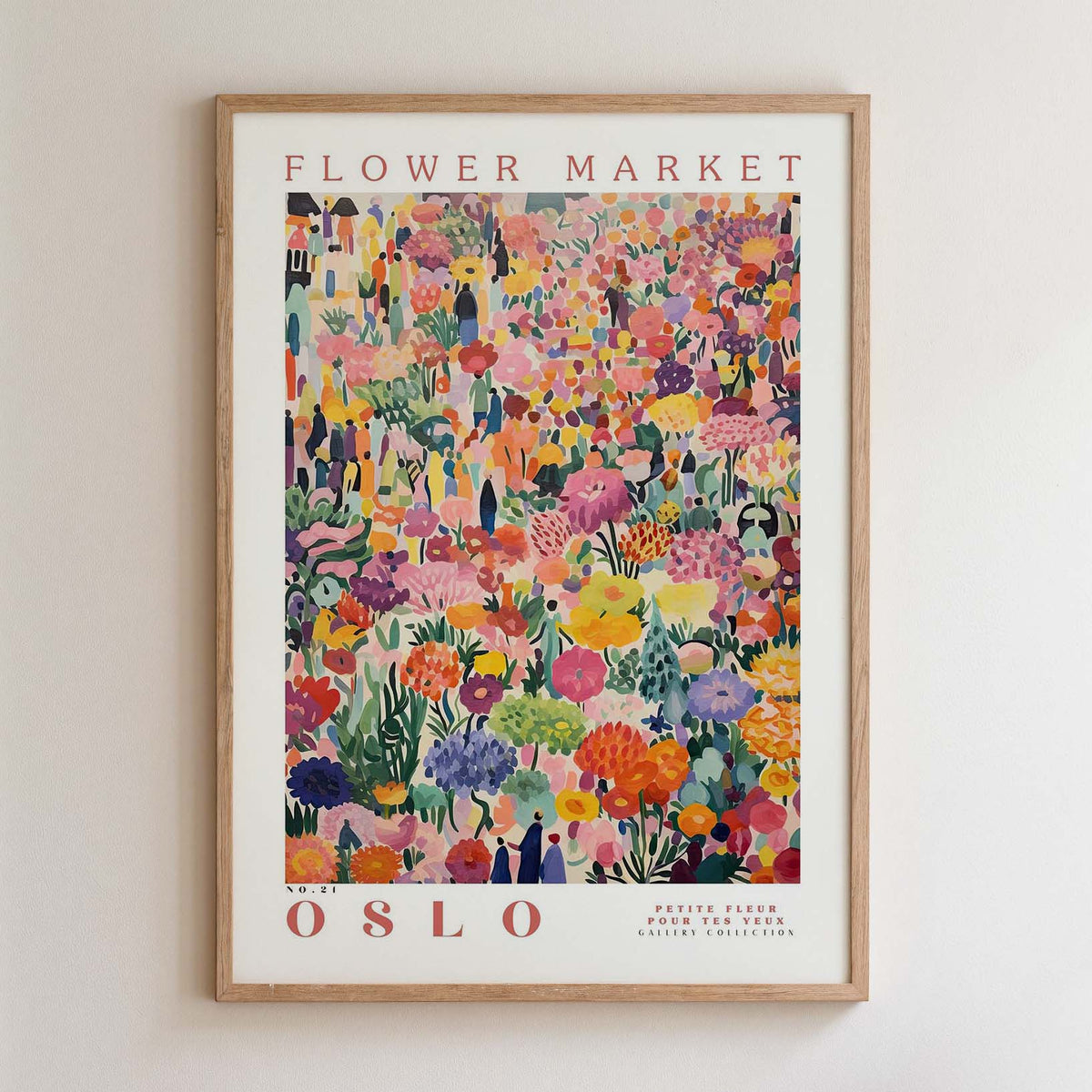 The image is a framed poster depicting a vibrant and colorful flower market scene in Oslo, Norway.