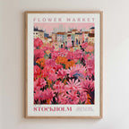 The image is a framed poster depicting a vibrant and colorful flower market in Stockholm, Sweden.