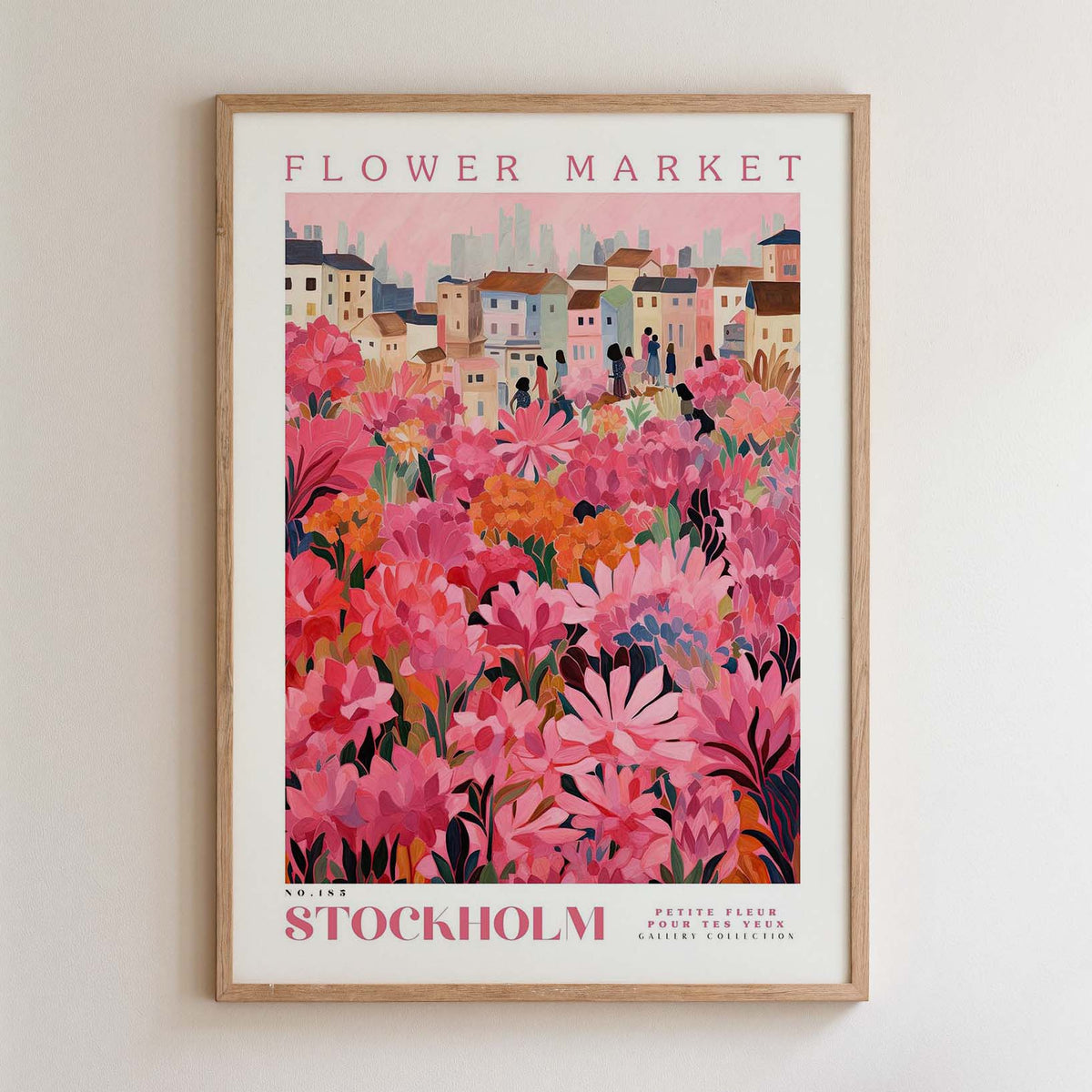 The image is a framed poster depicting a vibrant and colorful flower market in Stockholm, Sweden.