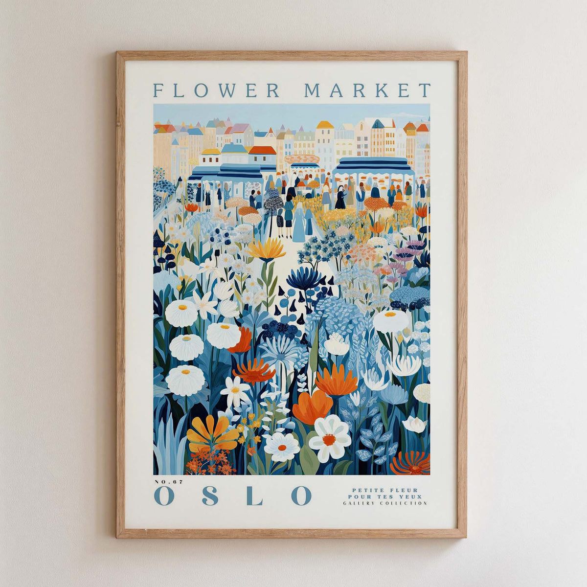 The image is a framed poster depicting a vibrant and colorful flower market in Oslo, Norway.