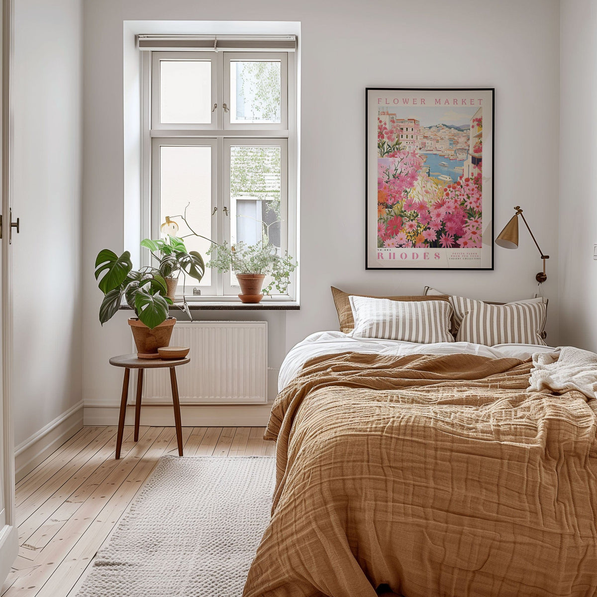 a cozy bedroom with a large bed, a nightstand with a plant, and a framed poster of a flower market on the wall.