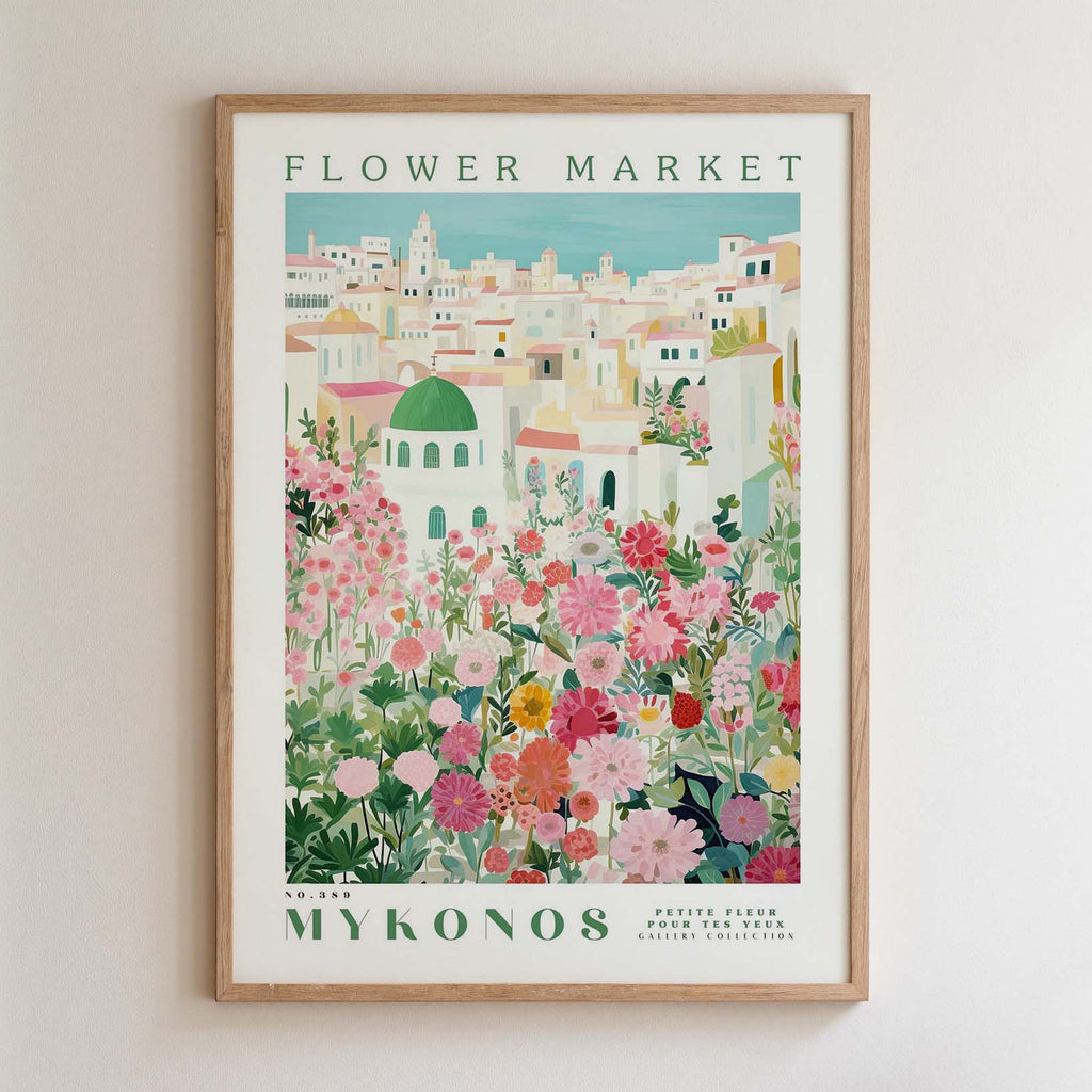 The image is a framed poster depicting a vibrant and colorful flower market in Mykonos, Greece.