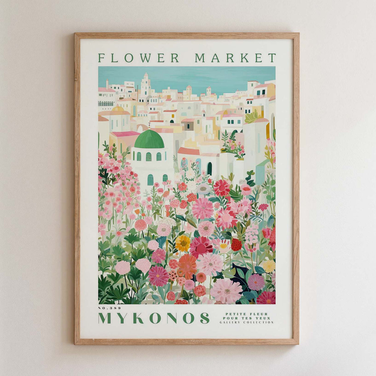 The image is a framed poster depicting a vibrant and colorful flower market in Mykonos, Greece.