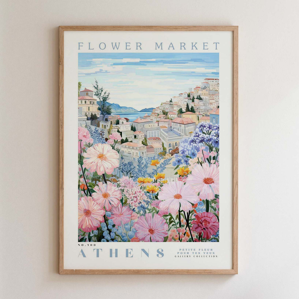 The image is a framed poster depicting a scenic view of the city of Athens, Greece, with colorful flowers and buildings in the background.