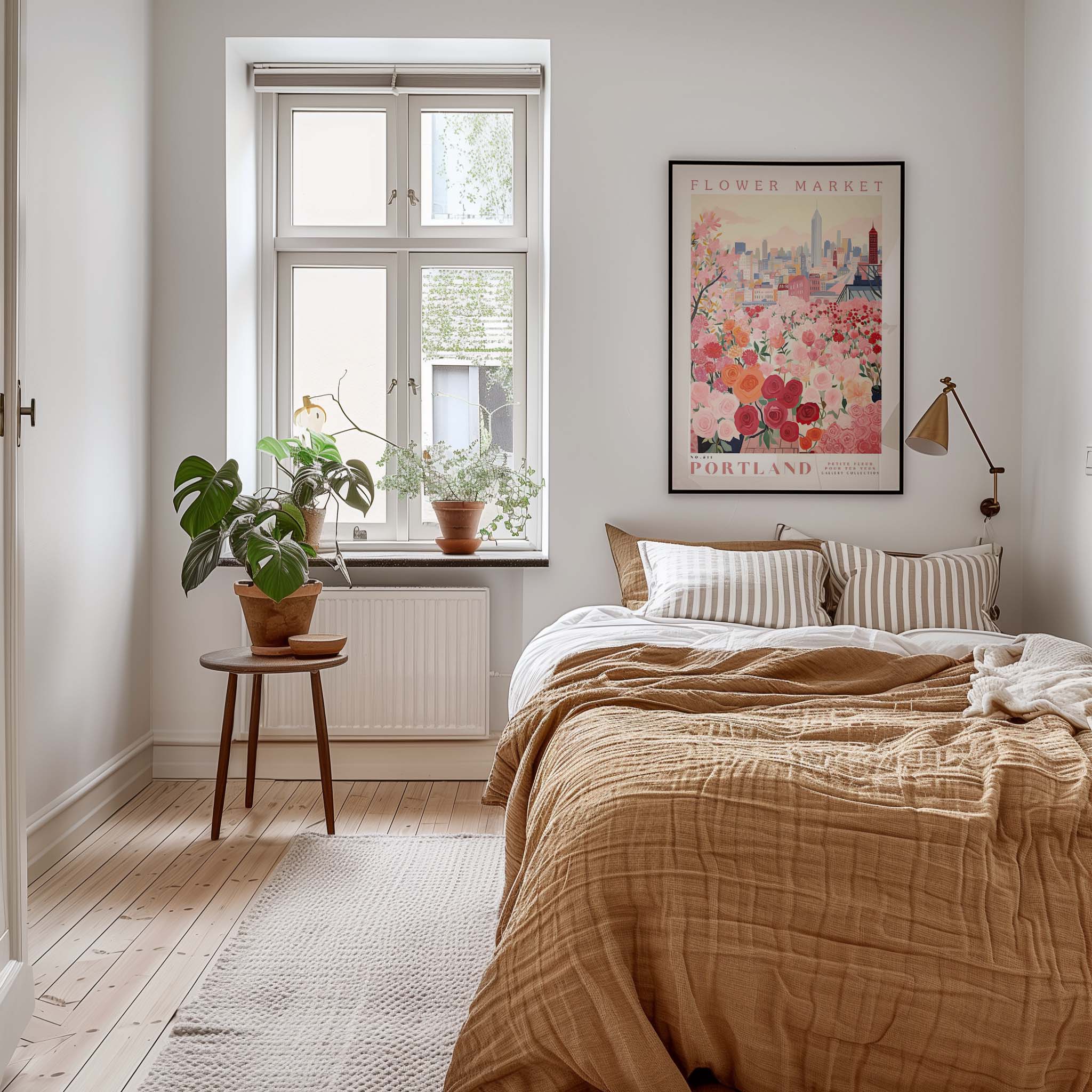 a cozy bedroom with a large bed, a nightstand with a potted plant, and a framed poster of a cityscape on the wall.