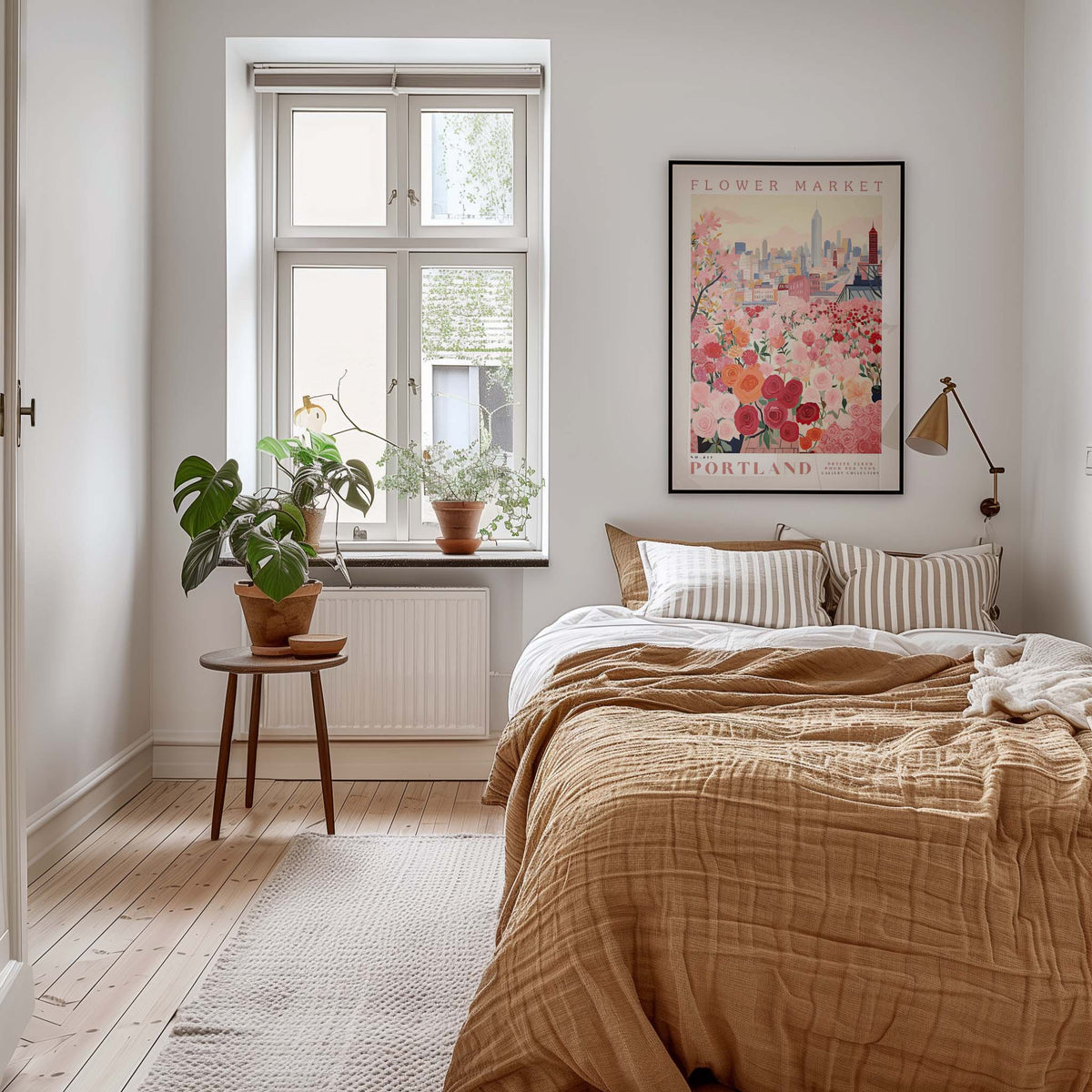 a cozy bedroom with a large bed, a nightstand with a potted plant, and a framed poster of a cityscape on the wall.